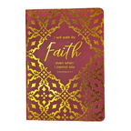 Red and gold leather-like journal with "I will walk by Faith even when I cannot see" 2 Corinthians 5:7 on the front cover.