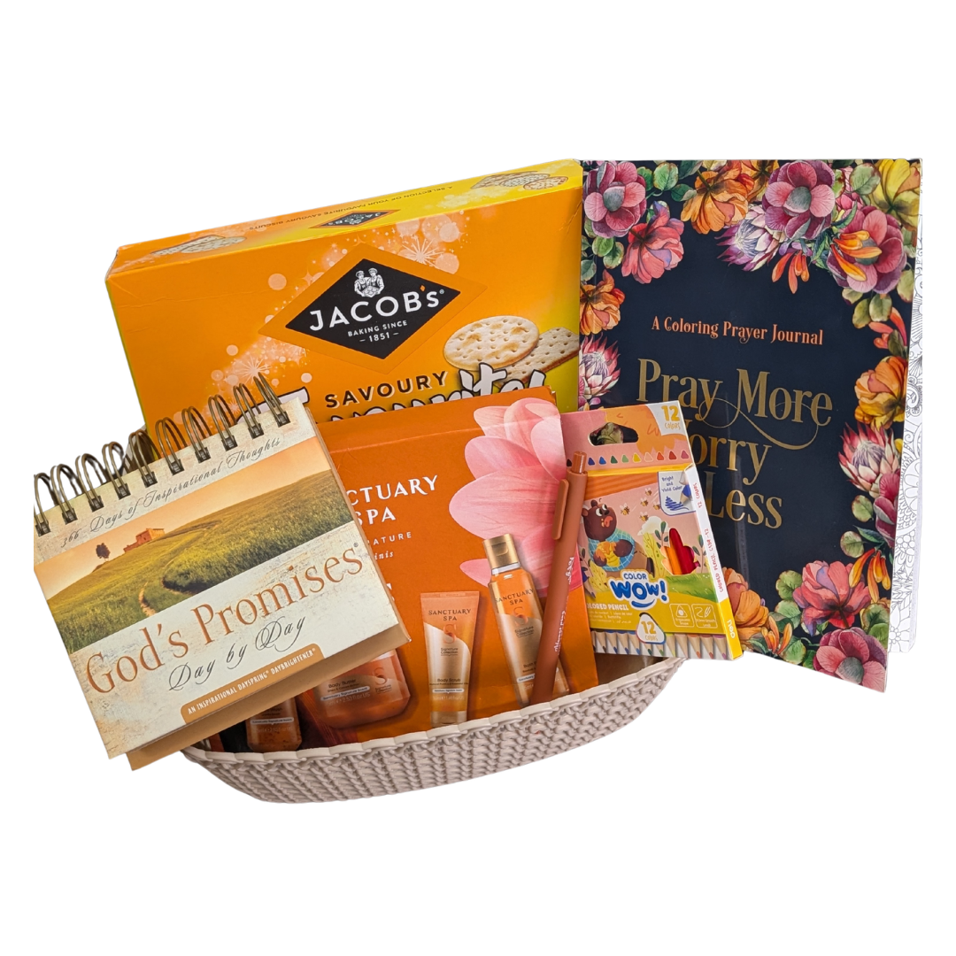 Faith & Relaxation Wellness Gift Basket with Sanctuary Spa & Coloring Journal