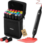 Set of 24 colored markers with a carrying case and sample strokes on a white background