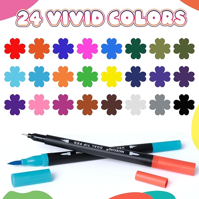 Nicecho Dual Tip Colored Marker Pen Set | Fine & Brush Tip Art Supplies