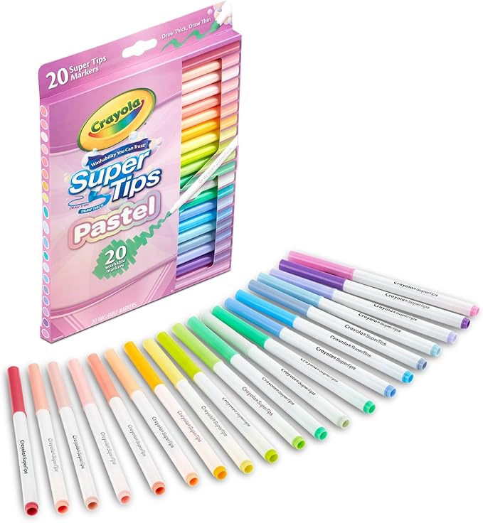 Crayola Super Tips Pastel Markers 20 Count | Washable Fine/Thick Tip