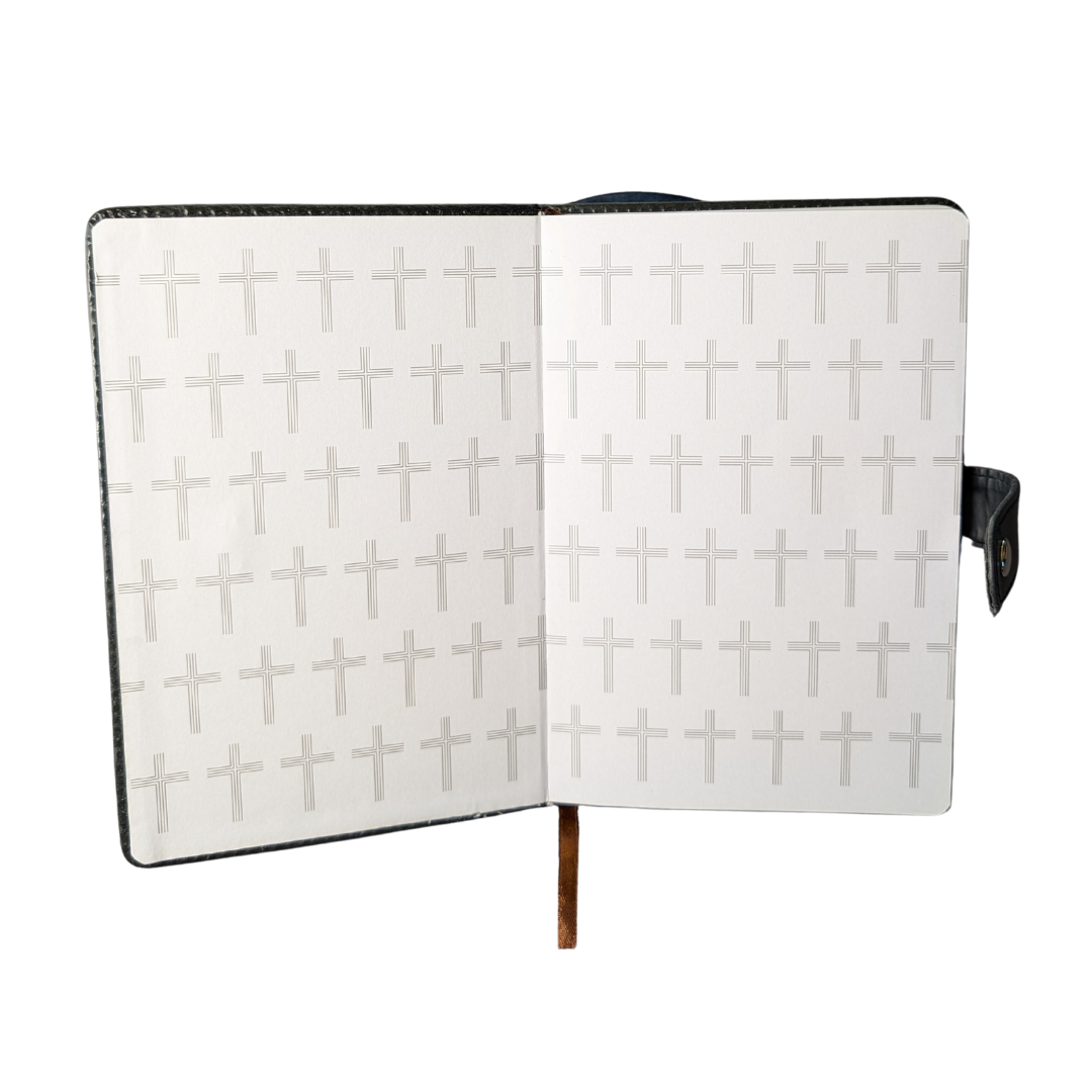 Black Embossed Cross Leatherette Journal with Snap Closure