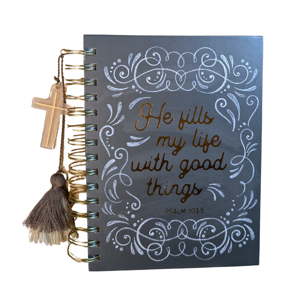 "He Fills My Life" Spiral Journal | Psalm 103:5 Tassel & Cross Charm