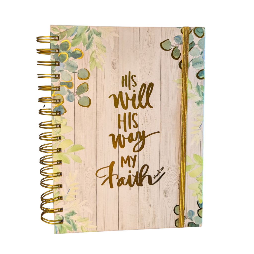 "His Will, His Way, My Faith" Spiral Bound Journal | Gold & Woodgrain Cover