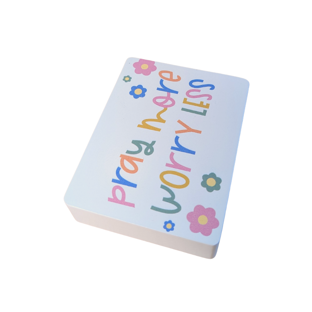 "Pray More Worry Less" Decorative Wood Block | Colorful Faith Accent Decor