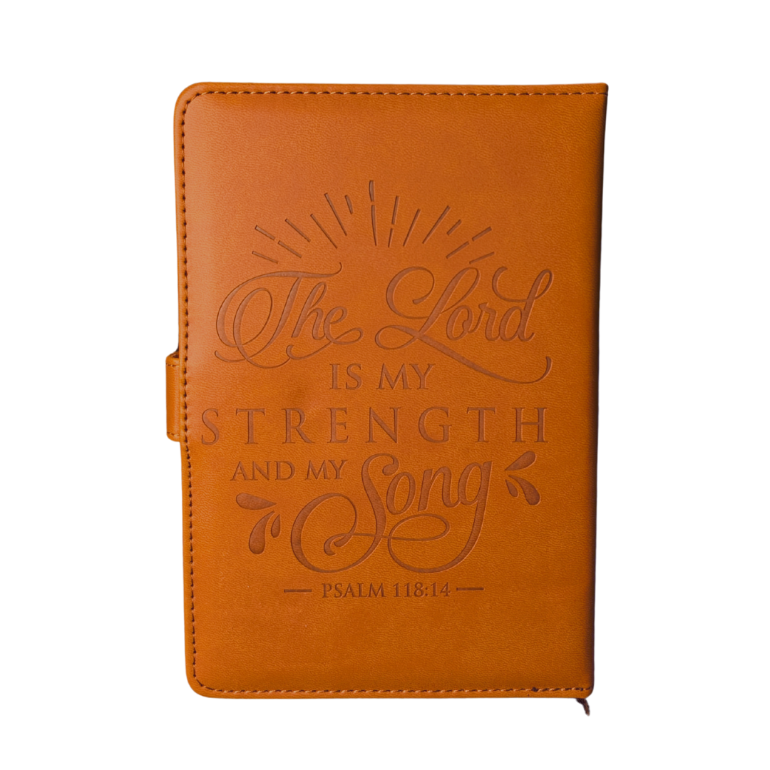 "The Lord Is My Strength and My Song" Brown Leatherette Journal | Psalm 118:14 with Snap Closure